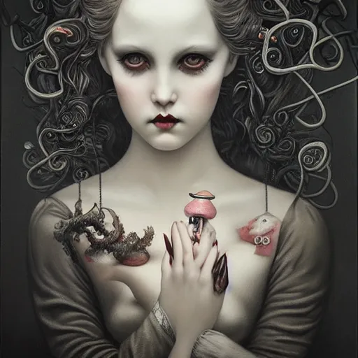 Image similar to By Tom Bagshaw, ultra realist soft painting of a curiosities carnival by night, beautiful dark eyed evil porcelain doll in full multiples tentacles dress, symmetry accurate features, very intricate details, omnious sky, black and white, volumetric light clouds