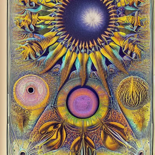 Image similar to Liminal space in outer space by Ernst Haeckel, colorized