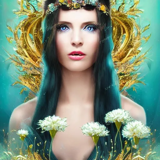 Image similar to long hair brunette woman green eyes bangs flowing white dress art deco gold blue flowers fantasy