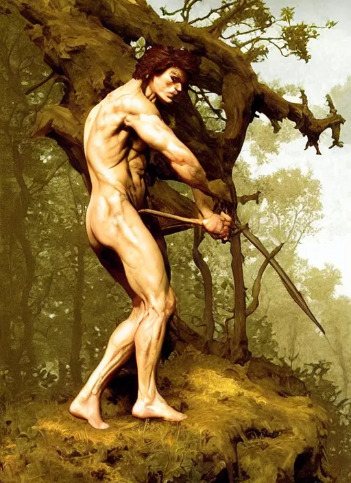 Prompt: Saint Sebastian tied to a tree in the forest, intricate, elegant, highly detailed, digital painting, artstation, concept art, smooth, sharp focus, illustration, art by frazetta and bouguereau and aleksi briclot