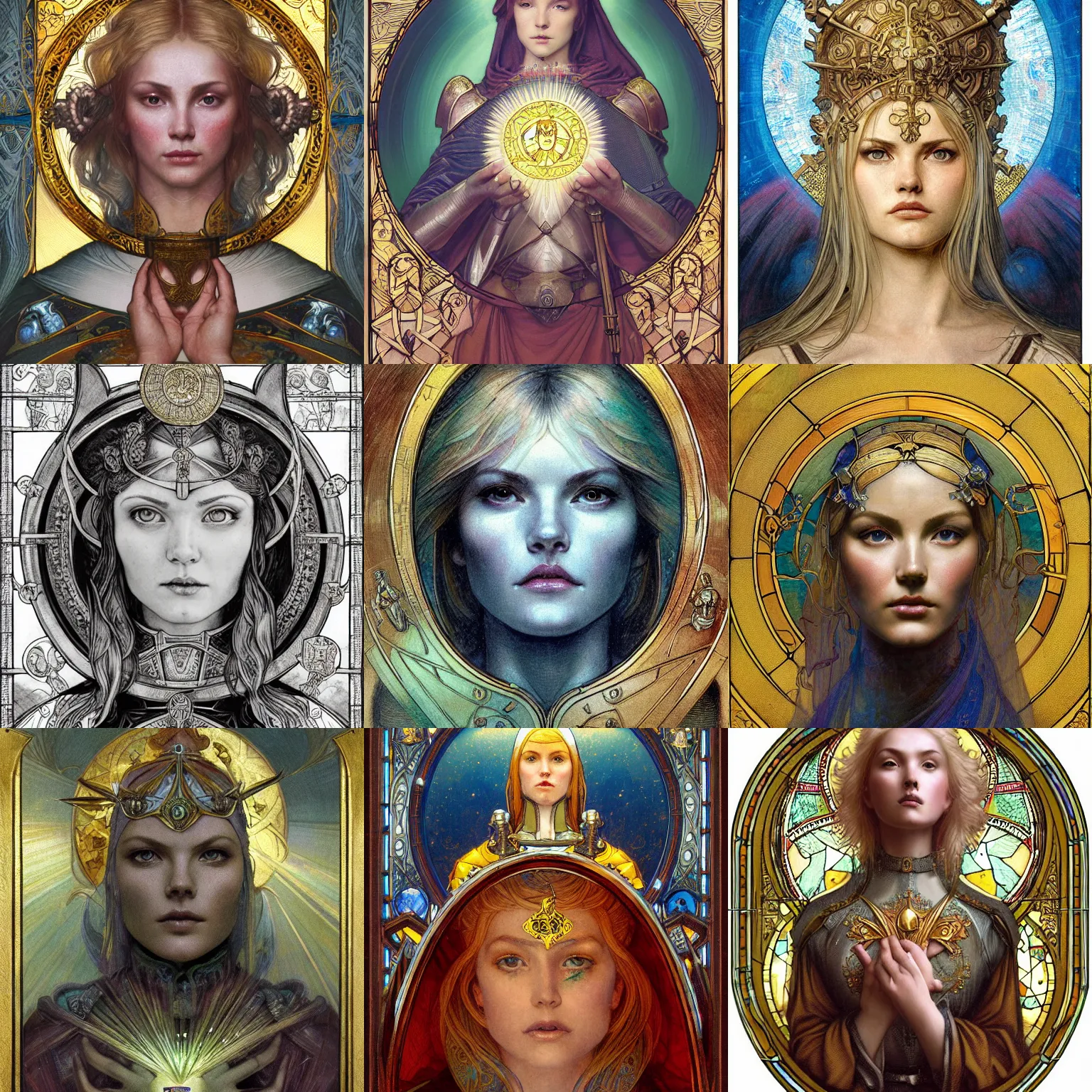 Prompt: masterpiece head-on symmetrical centered portrait, Elisha Cuthbert as a saint paladin, medieval era, blonde hair, prismatic golden halo around head, wearing plate armour, elegant, distant, stained glass tarot style, in the style of Edgar Maxence and Ross Tran and Zdzisław Beksiński and Michael Whelan and Mucha and Gustave Doré, specular highlights, 8k, octane render