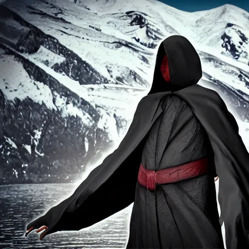 Image similar to a realistic full body of Konnor, a dragonblood, a black hood with black robes, extremely realistic and detailed, standing in front of a mountain