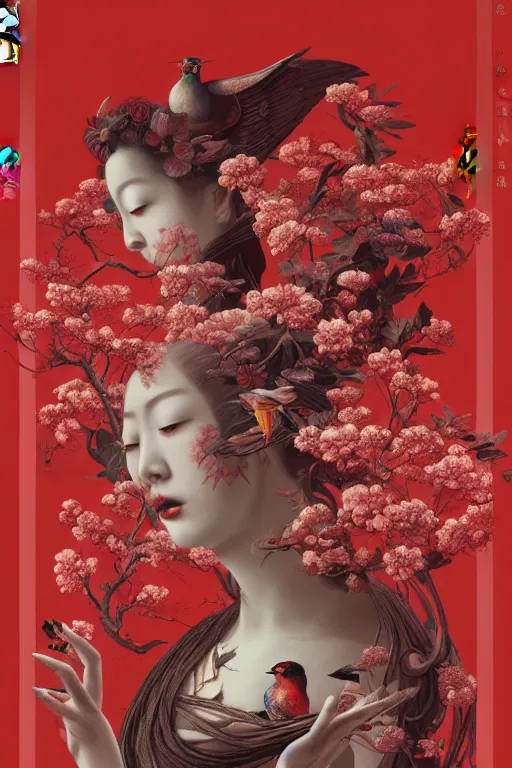 Image similar to breathtaking detailed red gardian mao baby in glace sphere no futur taiwan concept art painting art deco pattern of birds goddesses amalmation flowers, by hsiao ron cheng, tetsuya ichida, bizarre compositions, exquisite detail, extremely moody lighting, 8 k, art nouveau, old chines painting