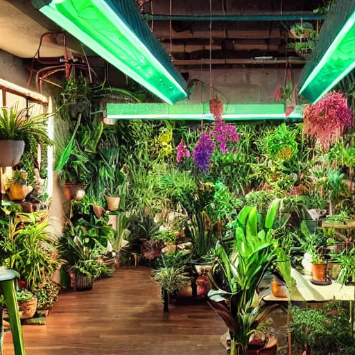 Image similar to a bohemian room with a lot of plants and neon lights, highly detailed, photorealistic