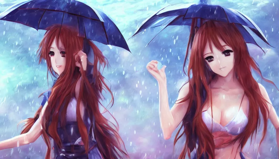 Image similar to anime girls in the rain, masterpiece, pinup, highly detailed, digital painting, artstation, concept art, smooth, sharp focus, illustration, Unreal Engine 5, 8K