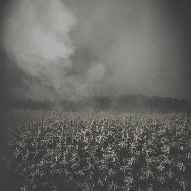 Image similar to field of cannabis burning on fire at night, forest fire, polaroid