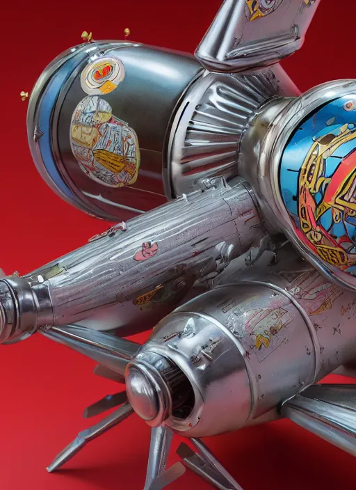Prompt: closeup of a tin toy retro rocket spaceship, depth of field, zeiss lens, detailed, symmetrical, centered, fashion photoshoot, by nicoletta ceccoli, mark ryden, lostfish, earl nore, hyung tae, frank frazetta, breathtaking, 8 k resolution, extremely detailed, beautiful, establishing shot, artistic, hyperrealistic, octane render