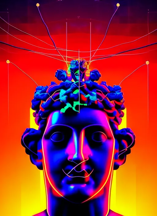 Image similar to statue of dionysus, beeple, android jones, ( ( ( ( ( dan mumford ) ) ) ) ), vaporwave, retrowave, black background, neon wiring, lines, black, glitch, strong contrast, cuts, pinterest, trending on artstation