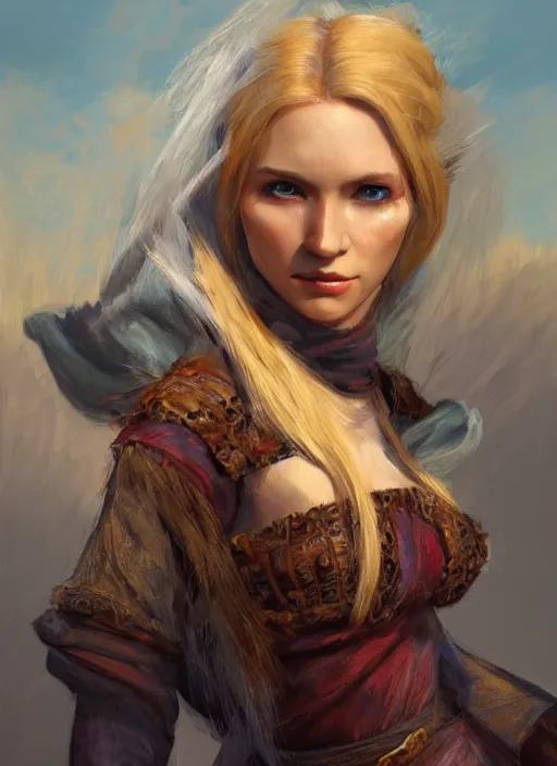 Image similar to blonde peasant woman, fantasy, medieval, vivid colors, fantasy, elegant, concept art, sharp focus, beautiful face!!, digital art, hyper - realistic, 4 k, unreal engine, highly detailed, hd, dramatic lighting by brom, trending on artstation