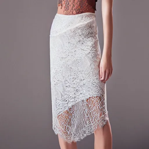 Prompt: antediluvian crystal atlantean hyperborean fashion lace skirt with natural floral motifs, young white - blonde model, sharp focus, outdoors, godrays, dramatic lighting