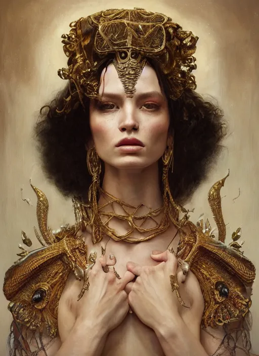 Image similar to highly detailed oil painting | very intricate | cinematic lighting | award - winning | mayan fashion by alexander mcqueen | by roberto ferri, by tom bagshaw, by j. c. leyendecker and klimt, american romanticism, by austin osman spare, artstation, cgsociety, official art, octane