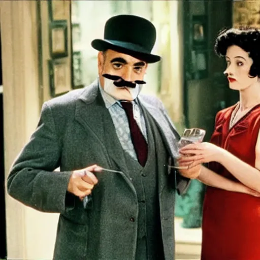 Image similar to scene of the hercule poirot tv serie featuring david suchet with a smaller moustache