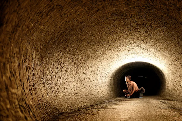 Prompt: a person going through all his memories in a tunnel, dramatic angle