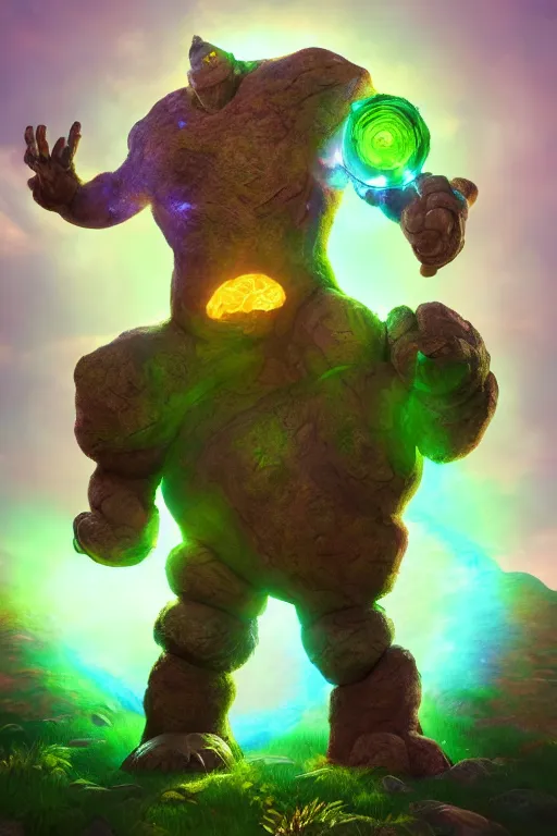 Image similar to arcane fantasy art giant golem elemental wood rock bastion forged gemstone enchanted forest troll, global illumination ray tracing hdr fanart arstation by sung choi and eric pfeiffer and gabriel garza and casper konefal lisa frank zbrush central hardmesh radiating a glowing aura