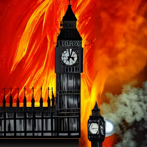 Image similar to the big ben of london is on fire and lava is pouring out of the clock, realism, realistic, hdr,