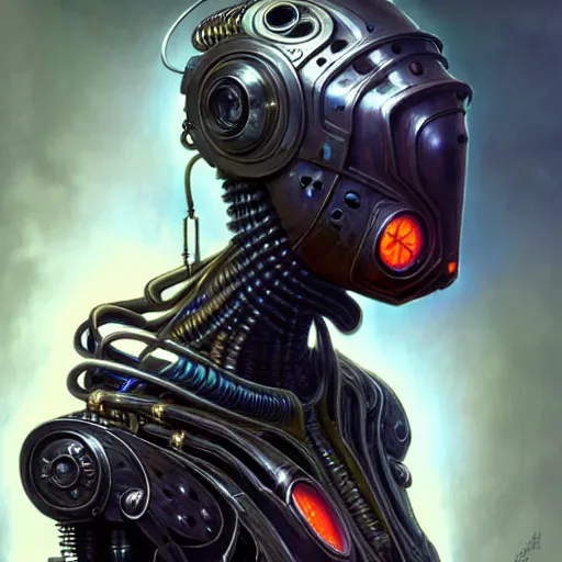 Image similar to low angle shot of a cyberpunk gazmask robot character, intricate, elegant, highly detailed, centered, digital painting, artstation, concept art, smooth, sharp focus, illustration, artgerm, Tomasz Alen Kopera, Peter Mohrbacher, donato giancola, Joseph Christian Leyendecker, WLOP, Boris Vallejo