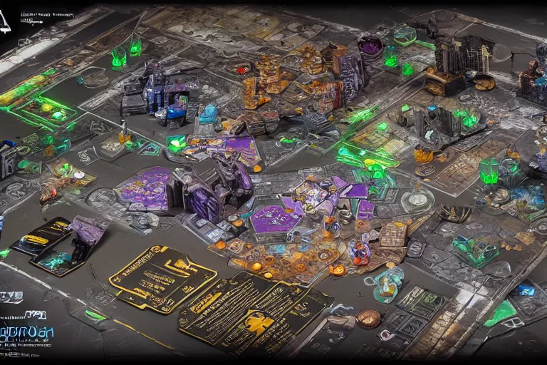 Prompt: an intricate 3D cyberpunk board game with figurines, cards and book around, beautiful illustrated map, photo realistic, artstation