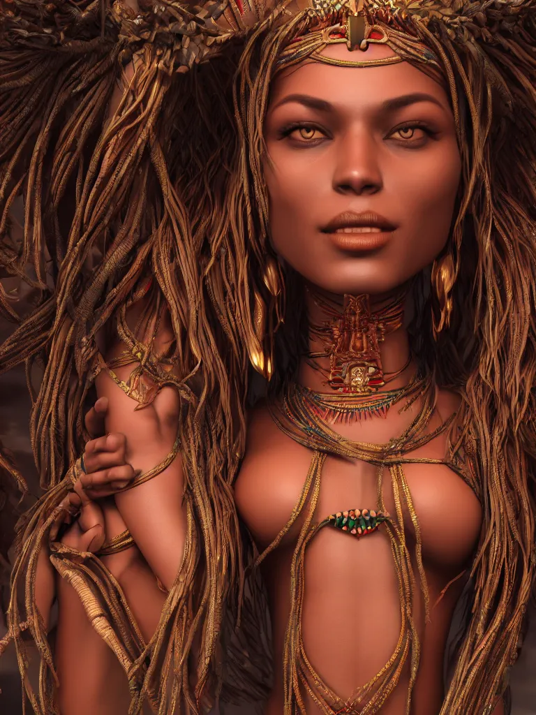 Prompt: a centered render of an alluring tribal goddess, full body, gorgeous face, perfect face, powerful, by viktoria gavrilenko, 3 d, trending on artstation, octane render, 8 k