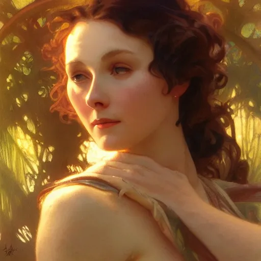 Image similar to a beautiful closeup portrait of a young vivian leigh, forest background, serene colors, dramatic light, gorgeous view, depth, high detail, digital art, painted by alphonse mucha and greg rutkowski, trending on artstation