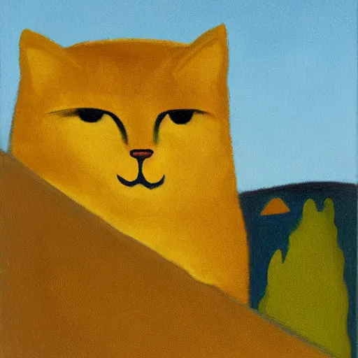 Prompt: golden cat with a black spot on her trunk, an old house with a window over a hill, blue sky, oil painting