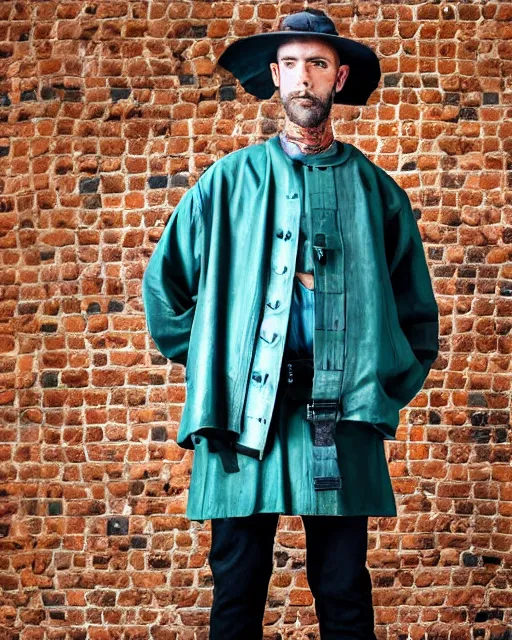 Prompt: an award - winning photo of an ancient male model wearing a plain baggy teal distressed medieval designer menswear dutch police jacket slightly inspired by medieval armour designed by raf simons, 4 k, studio lighting, wide angle lens