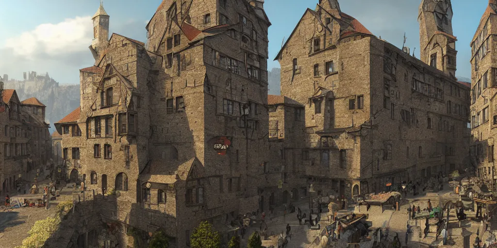 Prompt: scene from a thriving medieval town, imposing stone building in the center, lots of people going about their business, fantasy setting, highly detailed, albert bierdstat, manelbulb 3 d, high resolution, 8 k, photorealism, unreal engine, octane render, artstation