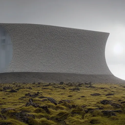 Prompt: several huge white future cyberpunk egg shaped buildings shine on a barren mossy mountain in iceland, and many wild animals, by hiroshi sugimoto