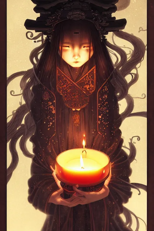 Prompt: dreamy dark hall with candles and dripping wax. beautiful intricately detailed japanese artwork, fantasy art by bayard wu, trending on artstation, epic, shine