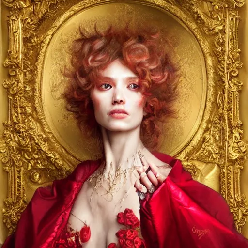 Image similar to portrait of a red sorcerer, sharp focus, baroque, rococo, highly detailed, intricate, white, regal clothing, gold ethereal light, by livia prima