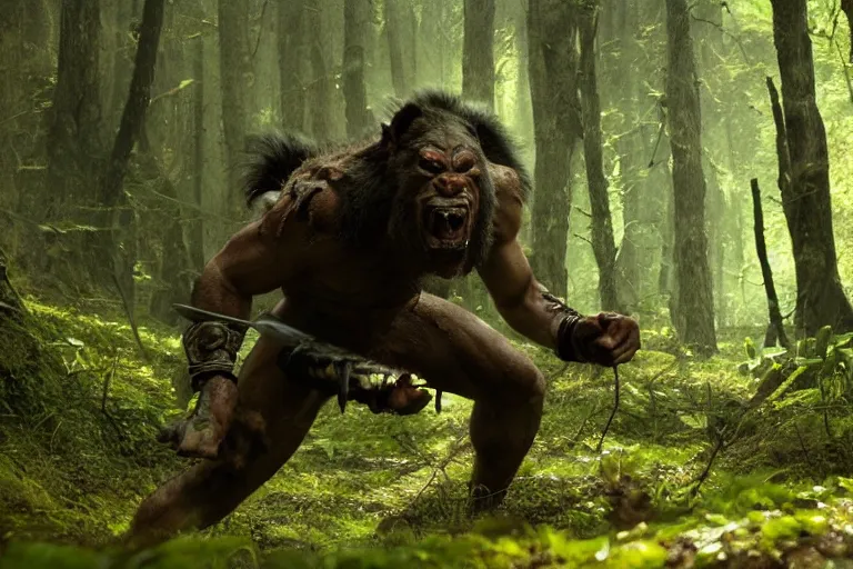 Prompt: vfx movie closeup detailed ancient warrior orc hunting wolf in the forest, natural lighting by emmanuel lubezki