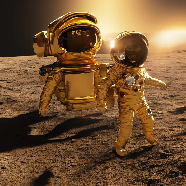 Image similar to a 3 d render of a golden reflective astronaut racecar on the moon, 8 k, realistic, dynamic, artstation, digital art