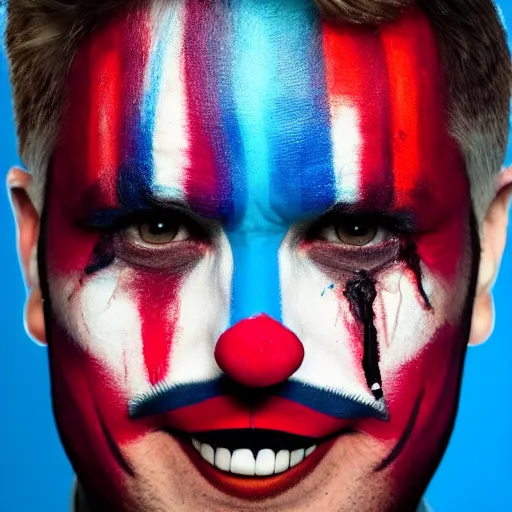 Image similar to profile picture of a man with clown makeup wearing a blue shirt with bloody handprints on a white background, line art, svg