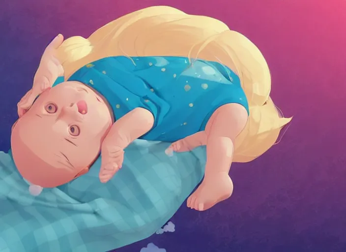 Image similar to a newborn baby with blonde hair lying on a cloud in front of a pink and blue sunrise sky. clean cel shaded vector art. shutterstock. behance hd by lois van baarle, artgerm, helen huang, by makoto shinkai and ilya kuvshinov, rossdraws, illustration, art by ilya kuvshinov