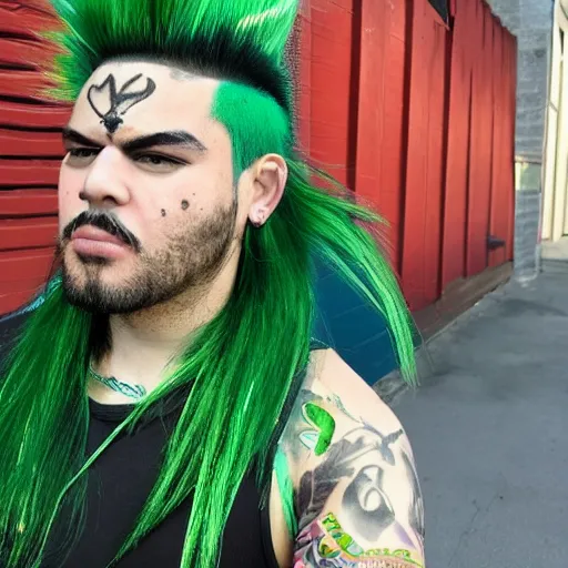 Image similar to photo of chuckchi man with green mohawk hair