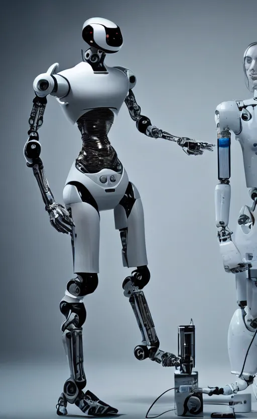 Image similar to sci - fi, human - robot concept in laboratory of crazy scientific, high definition, biorobot