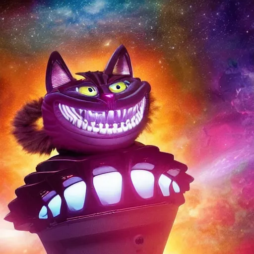 Image similar to Anthropomorphic alien Cheshire cat in the cabin of the spacecraft navigating through the epic space battle. Star Trek movie style, ultra realistic, 8k, highly detailed, digital art