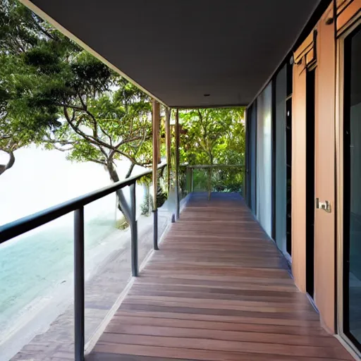 Image similar to zen minimalist modern balcony overlooking the tropical beach and sea
