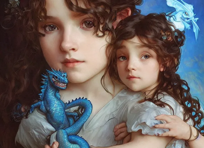 Image similar to a cute little girl with curly brown hair and blue eyes holding a blue baby dragon, beautiful fantasy art by artgerm and greg rutkowski and alphonse mucha.