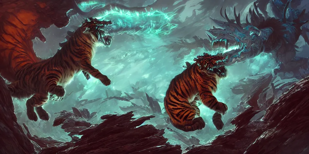 Image similar to Ghostly tiger creature made out of turquoise energy character design sheet, Monster Hunter Illustrations art book, Bright sparks, claws, huge sabertooth fangs, Moebius, Greg Rutkowski, Zabrocki, Karlkka, Jayison Devadas, Phuoc Quan, trending on Artstation, 8K, ultra wide angle, zenith view, pincushion lens effect.