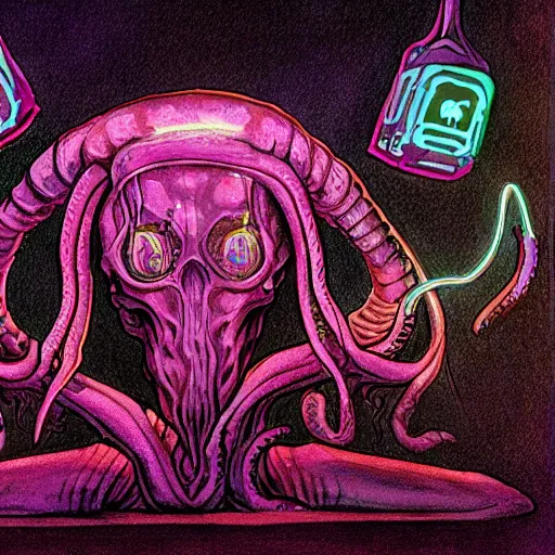 Image similar to ilithid mindflayer with headphones playing synthesizers, D&D, sigils, glowing candles,
