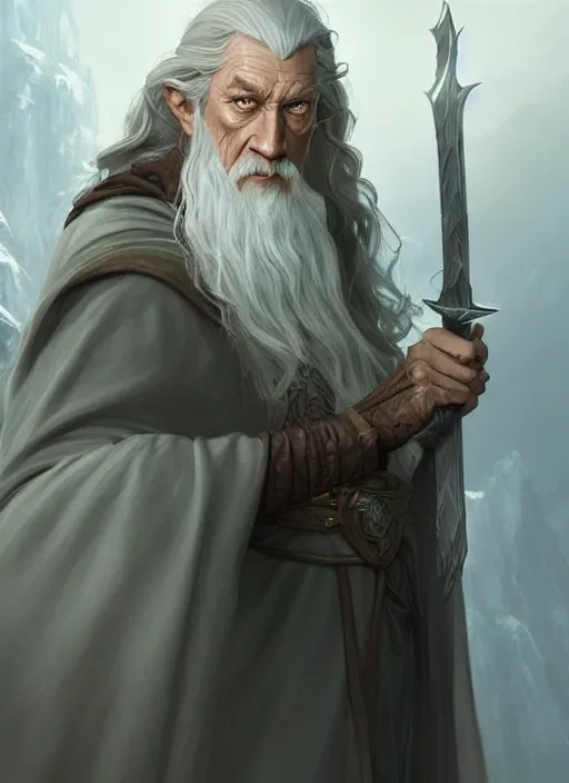 Image similar to gandalf the grey, d & d, fantasy, intricate, elegant, highly detailed, digital painting, artstation, concept art, matte, sharp focus, illustration, hearthstone, art by artgerm and greg rutkowski and alphonse mucha