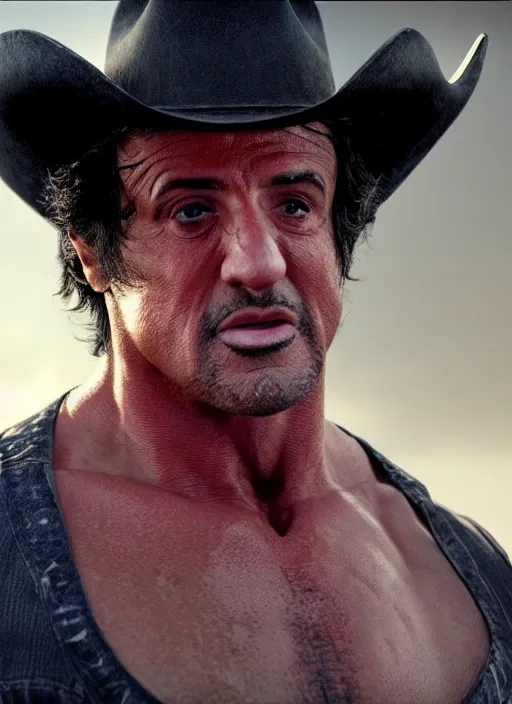 Image similar to an film still of sylvester stallone as cowboy with beard, western background, unreal engine. amazing likeness. very detailed.