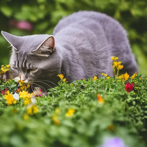Prompt: Cat eating a flower on a flowerbed, 40nm, shallow depth of field, split lighting, 4k,