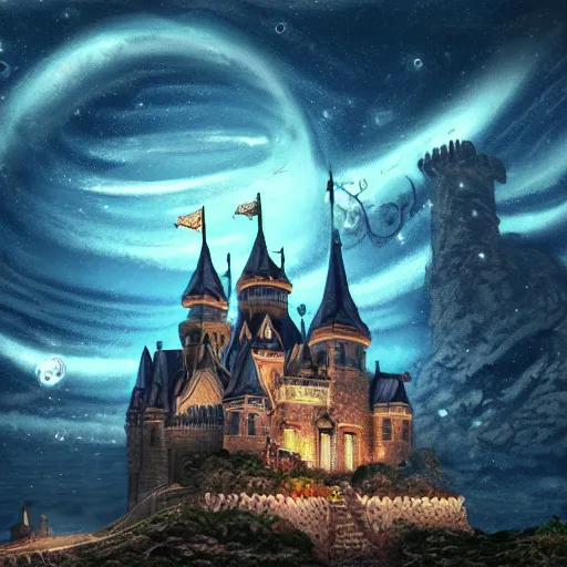 Image similar to a magnificent castle in the night sky above ocean, sense of awe, breathtaking, extremely detailed, concept art