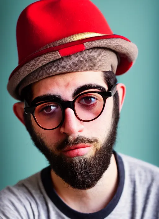 Prompt: kodak portra 4 0 0, 8 k, highly detailed, britt marling style, color studio - portrait of a handsome cute 2 0 year old ducktail bearded middle eastern american male with black wayfarer glasses and red baseball hat, muted colors, up face with 1 9 2 0's hairstyle and cloth style, asymmetrical, hasselblad