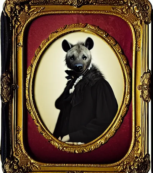 Prompt: professional studio photo portrait of anthro anthropomorphic spotted hyena head animal person fursona smug smiling wearing elaborate pompous royal king robes clothes gold frame by Louis Daguerre daguerreotype tintype