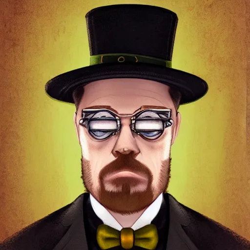 Prompt: portrait of mr. white wearing a hat with a steampunk monocle, trending in artstation, 4k,