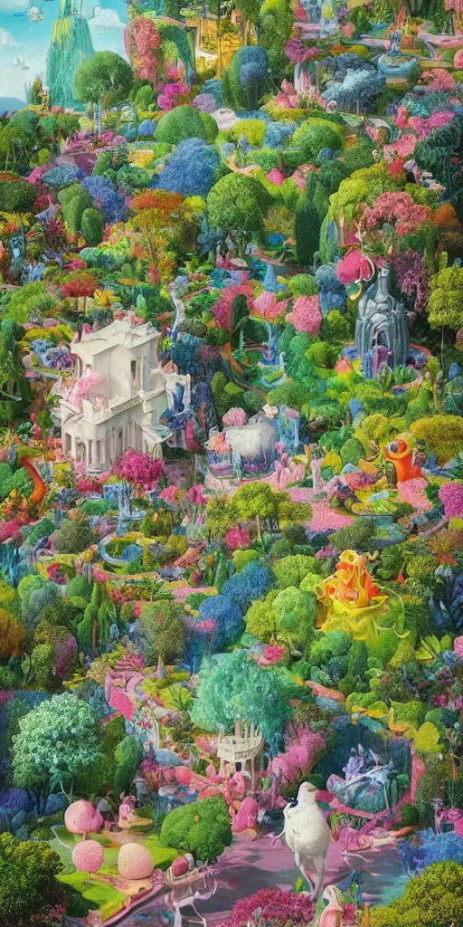 Image similar to bosch and beeple!!!!!!! ( ( ( ( ( ( ( and lisa frank ) ) ) ) ) ) ) painting of a magnificent garden filled with remarkable sculptures, trees, and structures, incredible details