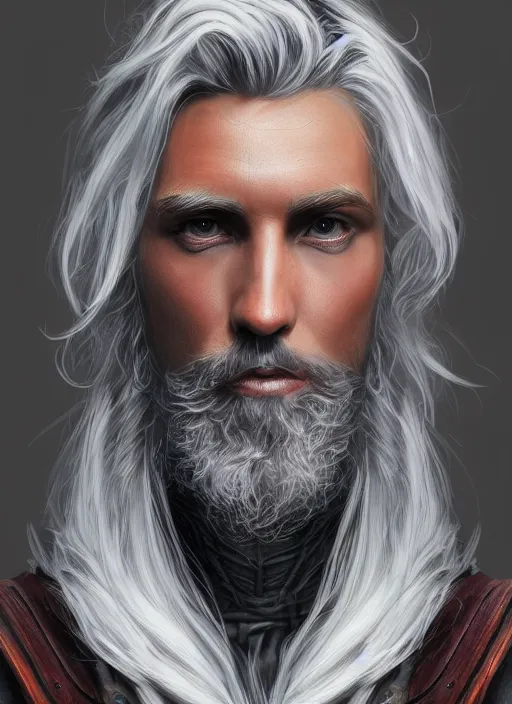 Image similar to an epic fantastic realism comic book style portrait painting of an aasimar warlock, male, shaggy silver hair, short brown beard, d & d concept art, unreal 5, daz, petrol aesthetic, octane render, cosplay, rpg portrait, dynamic lighting