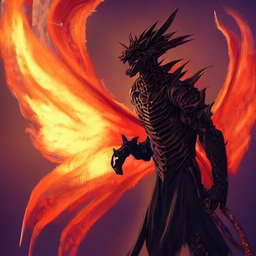 Image similar to full body anime style human in dragon form, bald, beard made of fire. fantasy style. very punk / alt aesthetic. wings and tail, a highly detailed, digital painting, artstation, concept art, matte, sharp focus, illustration, art by artgerm and greg rutkowski